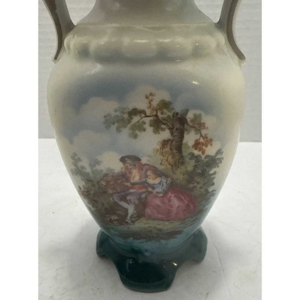 Vtg Czechoslovakian Porcelain Vase W/ Hand-Painted Courting Scene-Double Handles